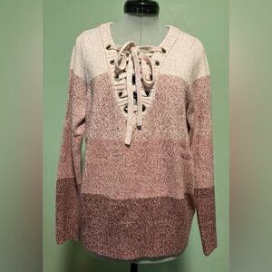 Pink stripe pullover sweater, Vneck lace up grommets, New York & Co - size Small